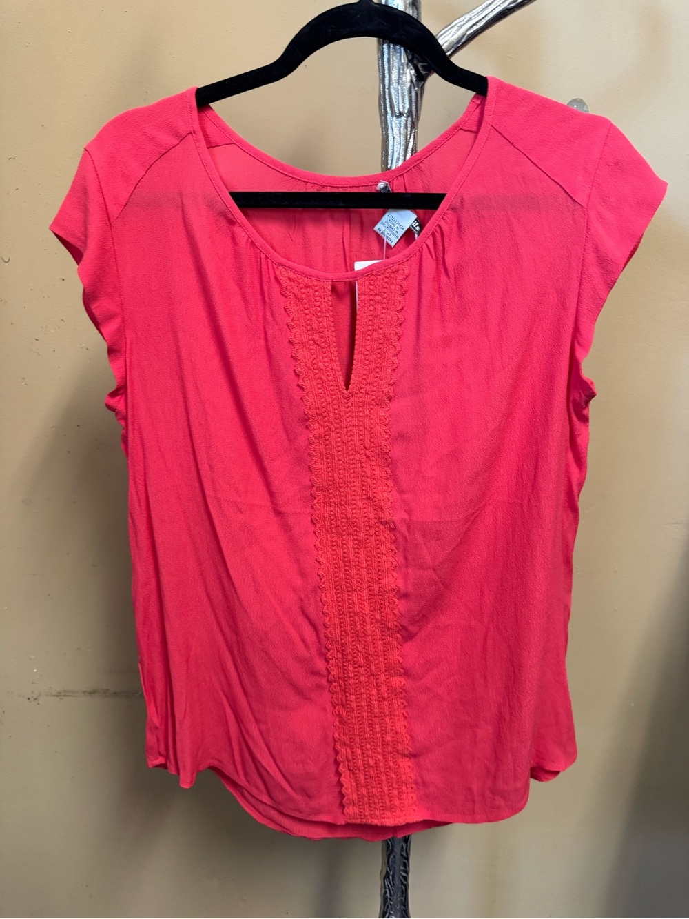 Dalia Collection Coral Pink Cap Sleeve Top with Front Lace Placket